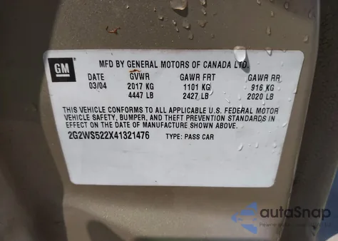 2004 Pontiac Grand Prix Gt2 z USA, uszkodzony, nr VIN 2G2WS522X41321476